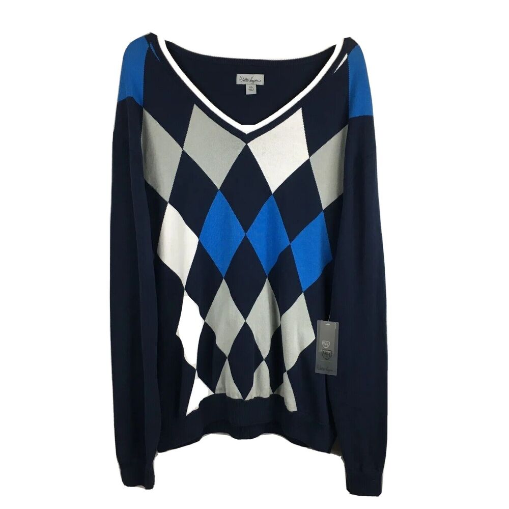 NWT Walter Hagen Performance Sweater Mens Sz 2XL Blue White Argyle Golf